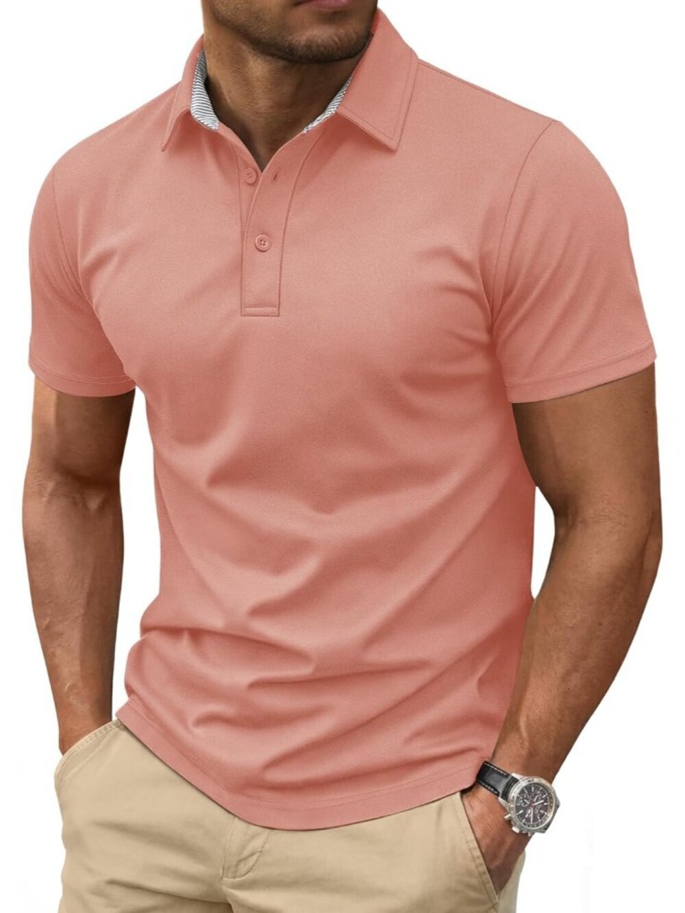 Men's Gray Pink Cotton Pique Polo Shirt Short Sleeve 3 Button Classic Fit Golf